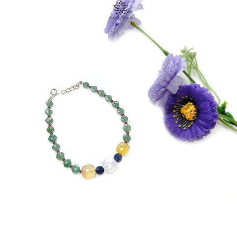 Gemstone Beads Bracelet : 5.96gms Green Quartz Yellow Opal Moonstone Sapphire & Ruby 925 Sterling Sliver Beaded Bracelet Checker Cut 8.25