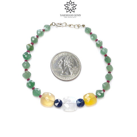 Gemstone Beads Bracelet : 5.45gms Green Quartz Yellow Opal Moonstone Sapphire & Ruby 925 Sterling Sliver Beaded Bracelet Checker Cut 8.5