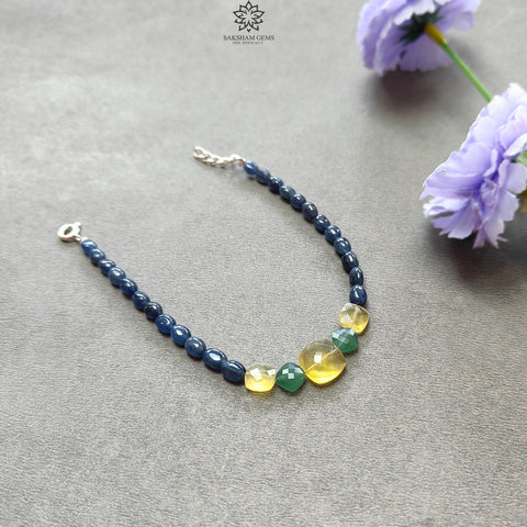 Sapphire & Quartz Opal Gemstone Sterling Silver Bracelet : 6.64gms Blue Sapphire Yellow Opal Gemstone Beaded Bracelet Checker Cut 8