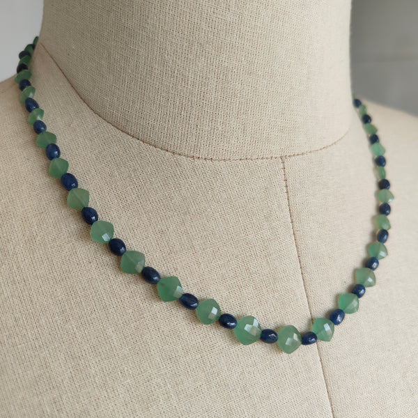 Sapphire & Quartz Beads Necklace : 11.65gms 925 Sterling Silver Blue Sapphire Green Quartz Briolette Faceted Plain Oval Cushion Necklace 18"