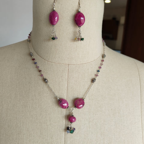 Ruby & Emerald Sapphire Beads Necklace And Earring : 30.43gms 925 Silver Natural Ruby Untreated Plain Beaded Earrings Necklace Set