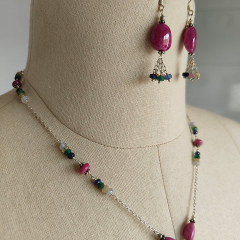 Ruby & Emerald Sapphire Gemstone With 925 Sterling Silver Jewelry : 21.87gms Natural Untreated Plain Faceted Beaded Earrings Necklace Set