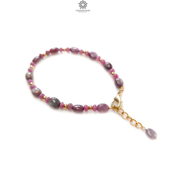 Ruby Gemstone Beads Bracelet : 7.18gms Natural Untreated Ruby Plain Round Oval Shape Beaded Plain Brass Bracelet 7.80"