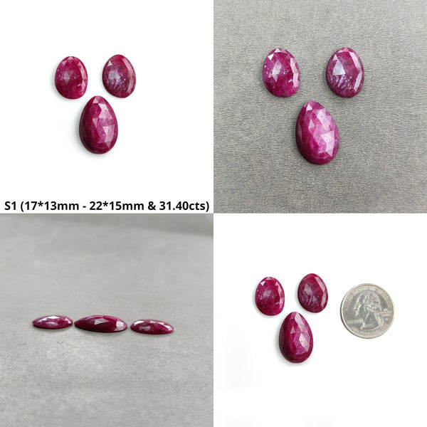 Ruby Gemstone Rose Cut : Natural Untreated Unheated Red Ruby Egg Shape 3pcs Sets