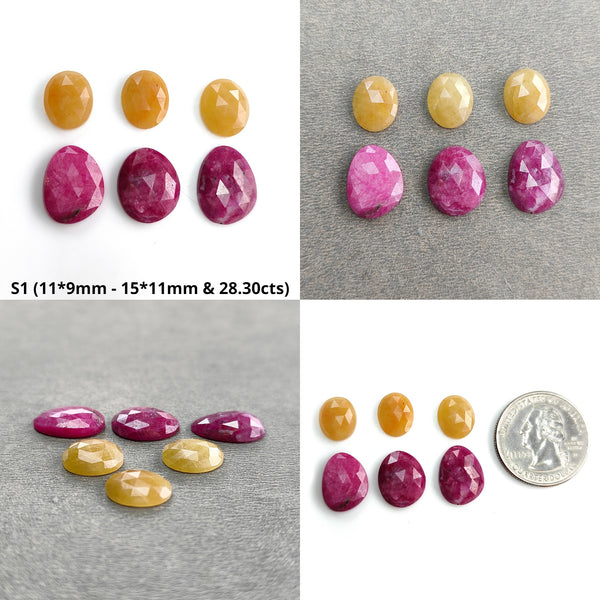Red Ruby And Yellow Sapphire Gemstone Rose Cut : Natural Untreated Unheated Ruby Sapphire Oval & Egg Shape Set