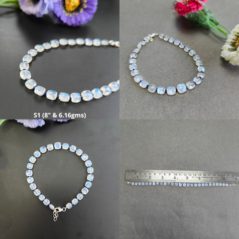 Gemstone Beads Bracelet : Rainbow Moonstone & Blue Sapphire 925 Sterling Sliver Beaded Bracelet Briolette Checker Cut