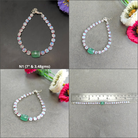Gemstone Beads Bracelet : Green Quartz Rainbow Moonstone Red Ruby 925 Sterling Sliver Beaded Bracelet Briolette Checker Cut