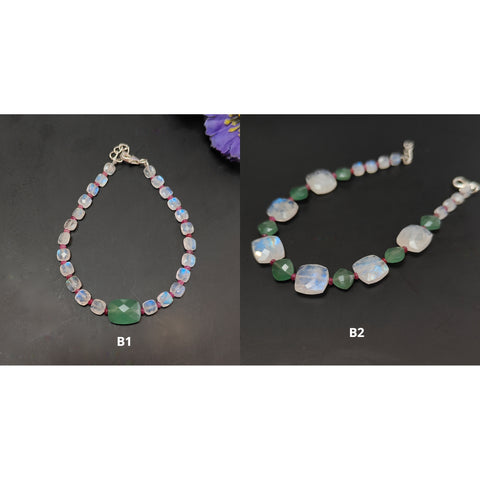 Gemstone Beads Bracelet : Green Quartz Rainbow Moonstone Red Ruby 925 Sterling Sliver Beaded Bracelet Briolette Checker Cut