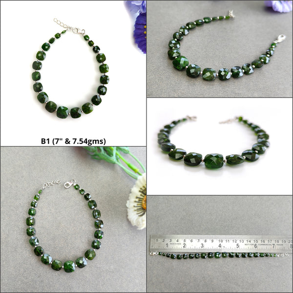 Chrome Diopside Gemstone Beads Bracelet : Green Chrome Diopside 925 Sterling Sliver Beaded Bracelet Checker Cut Bracelet