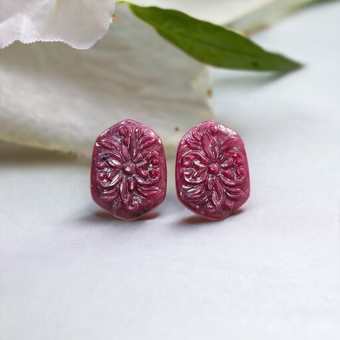 Ruby Gemstone Carving : 45.80cts Natural Untreated Unheated Red Ruby Hand Carved Uneven Shape 26*19mm Pair