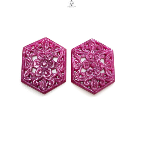 Ruby Gemstone Carving : 72.30cts Natural Untreated Unheated Red Ruby Hand Carved Hexagon Shape 36*27.5mm Pair