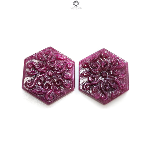 Ruby Gemstone Carving : 76.30cts Natural Untreated Unheated Red Ruby Hand Carved Hexagon Shape 29*25.5mm Pair