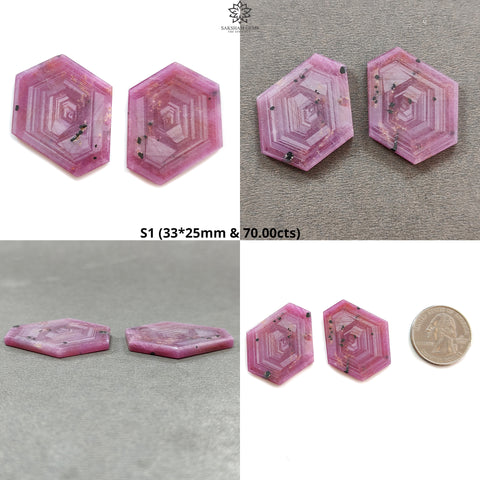 Rosemary Sheen SAPPHIRE Gemstone Flat Slices : Natural Untreated Unheated Pink Sapphire Hexagon Shape 2pcs Set