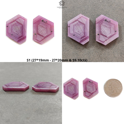Rosemary Sheen SAPPHIRE Gemstone Flat Slices : Natural Untreated Unheated Pink Sapphire Hexagon Shape 2pcs 3pcs Set