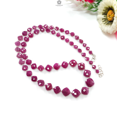 RUBY Gemstone Beads Necklace: 19.13gms Natural Untreated 925Sterling Sliver Checker Cut Cushion Shape Necklace 4mm - 9mm 19.5