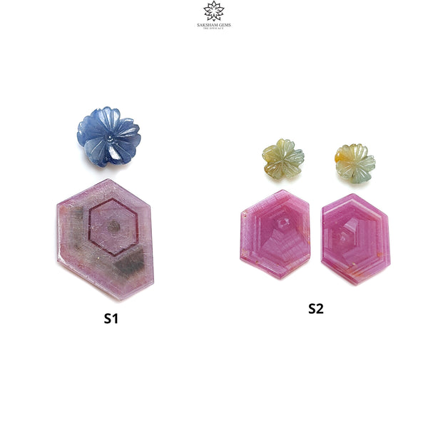 Rosemary Sheen SAPPHIRE Gemstone Flat Slices & Flower Carving : Natural Untreated Unheated Multi Sapphire Round , Hexagon Shapes Sets