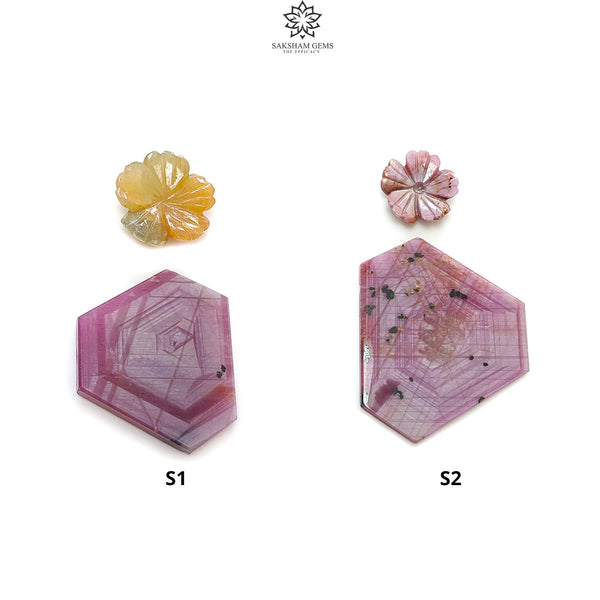 Rosemary Sheen SAPPHIRE Gemstone Flat Slices & Flower Carving : Natural Untreated Unheated Multi Sapphire Round , Hexagon Shapes 2pcs Sets