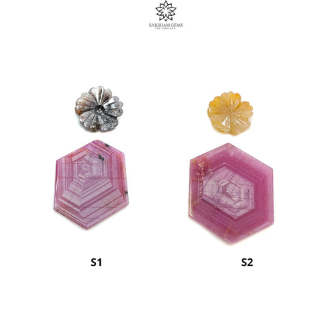 Rosemary Sheen SAPPHIRE Gemstone Flat Slices & Flower Carving : Natural Untreated Unheated Multi Sapphire Round , Hexagon Shapes 2pcs Sets