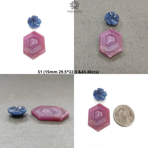 Rosemary Sheen SAPPHIRE Gemstone Flat Slices & Flower Carving : Natural Untreated Unheated Multi Sapphire Round , Hexagon Shapes 2pcs Sets