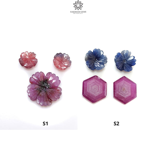 Rosemary Sheen SAPPHIRE Gemstone Flat Slices & Flower Carving : Natural Untreated Unheated Multi Sapphire Round , Hexagon Shapes Sets