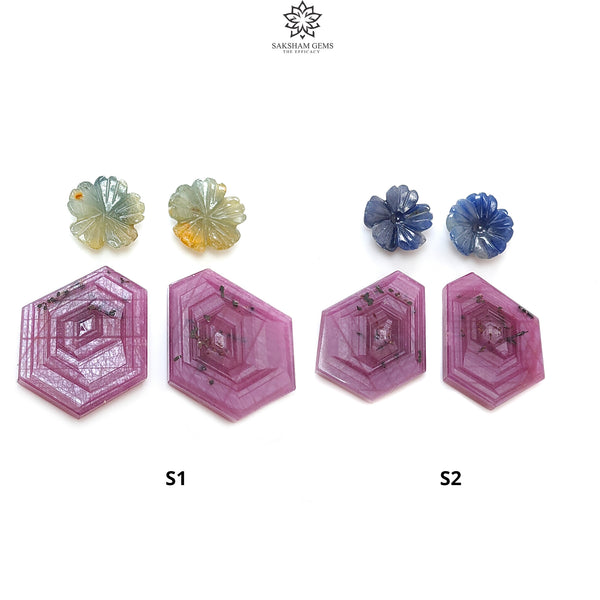 Rosemary Sheen SAPPHIRE Gemstone Flat Slices & Flower Carving : Natural Untreated Unheated Multi Sapphire Round , Hexagon Shapes 4pcs Sets