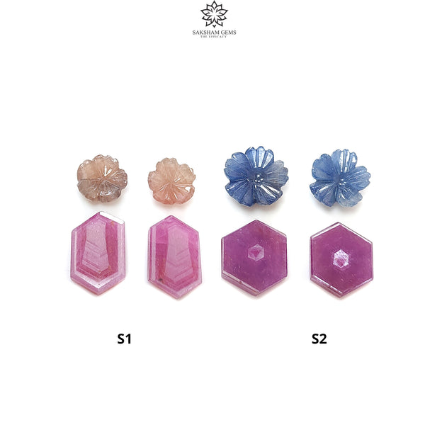 Rosemary Sheen SAPPHIRE Gemstone Flat Slices & Flower Carving : Natural Untreated Unheated Multi Sapphire Round , Hexagon Shapes 4pcs Sets