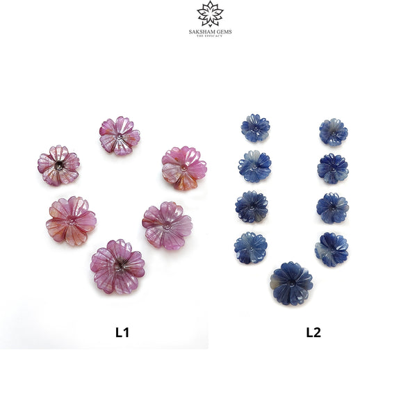 Rosemary Sheen Pink Blue SAPPHIRE Carving : Natural Untreated Sapphire Gemstone Hand Carved Flower 6pcs , 9pcs Lots