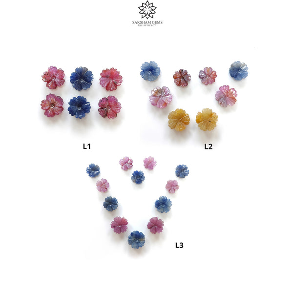 MULTI SAPPHIRE Gemstone Carving : Natural Untreated Sheen Sapphire Hand Carved FLOWER 11mm - 13mm Sets