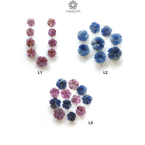 MULTI SAPPHIRE Gemstone Carving : Natural Untreated Sheen Sapphire Hand Carved FLOWER 10mm - 14mm Sets