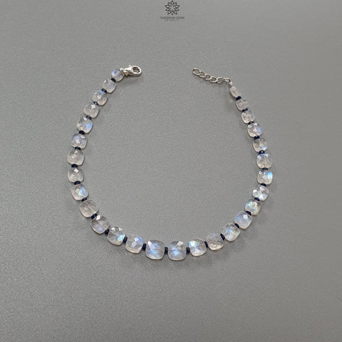 Rainbow Moonstone Gemstone Beads Bracelet : 6.56gms Natural Blue Sapphire 925 Sterling Sliver Beaded Bracelet Briolette Checker Cut 9