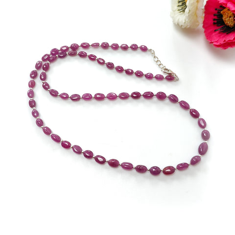 RUBY Gemstone Beads Necklace : 14.80gms (Apx) Natural Untreated 925 Sterling Sliver Plain Oval Shape Necklace 5*4mm - 8*5mm 19