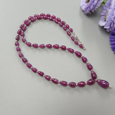 Ruby Gemstone Beads Necklace : 23.20gms (Apx) 925 Sterling Silver Purple Ruby Gemstone Plain Teardrops Necklace 6mm - 14mm 20