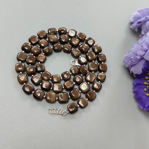 Golden Brown Chocolate Sapphire Gemstone Beads Necklace: 36.00gms (Apx) Natural Plain Cushion Sapphire 925 Sterling Silver 7mm-8mm 19