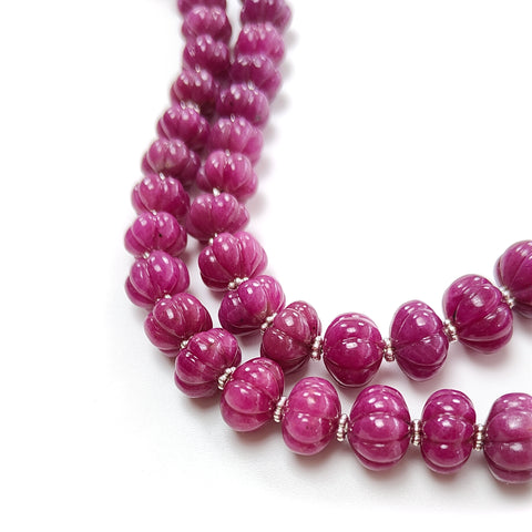 Ruby Gemstone Melon Beads Necklace : 587.30cts 925 Sterling Silver Natural Ruby Hand Carved Rondelle Melon Beads 8mm-14mm 21