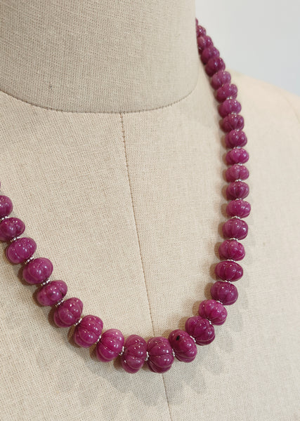 Ruby Gemstone Melon Beads Necklace : 564.80cts 925 Sterling Silver Natural Ruby Hand Carved Rondelle Melon Beads 9mm-14mm 20"