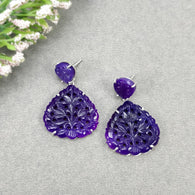 PURPLE ONYX Gemstone Earring : 47.80cts Natural Heart Shape With 925 Sterling Silver Hand Carved Prong Set Push Back Earring 1.50