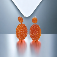 ORANGE ONYX Gemstone Earring : 50.30cts Natural Oval Shape With 925 Sterling Silver Hand Carved Prong Set Push Back Earring 1.75