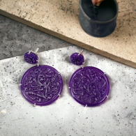 PURPLE ONYX Gemstone Earring : 61.60cts Natural Round Shape With 925 Sterling Silver Hand Carved Prong Set Push Back Earring 1.75
