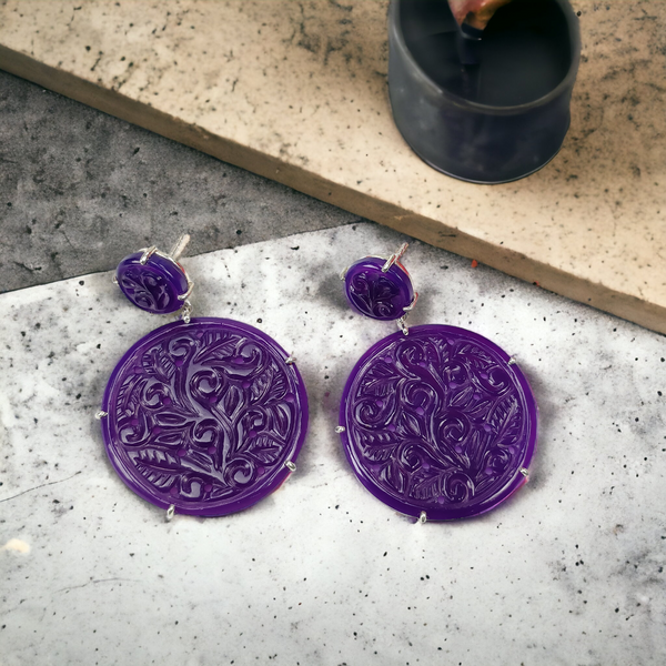 PURPLE ONYX Gemstone Earring : 61.60cts Natural Round Shape With 925 Sterling Silver Hand Carved Prong Set Push Back Earring 1.75"