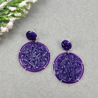 PURPLE ONYX Gemstone Earring : 61.60cts Natural Round Shape With 925 Sterling Silver Hand Carved Prong Set Push Back Earring 1.75