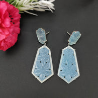 BLUE Milky ONYX Gemstone Earring : 61.85cts Natural Uneven Shape With 925 Sterling Silver Hand Carved Prong Set Push Back Earring 2.20