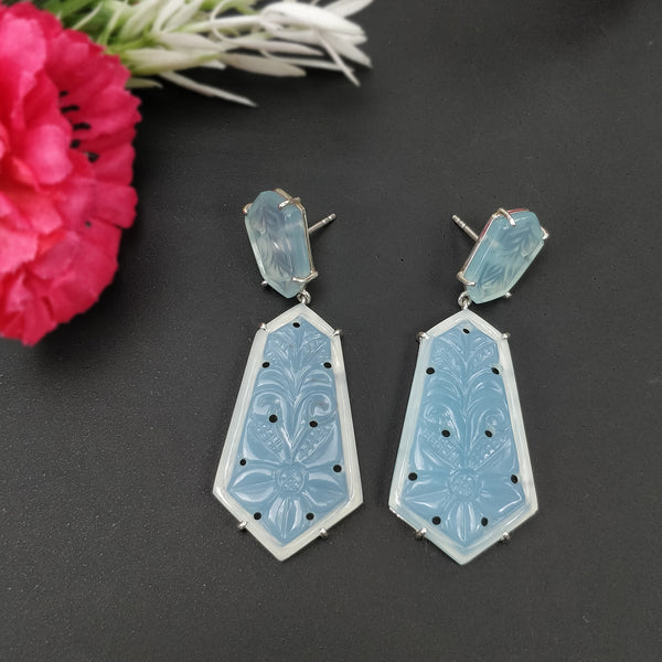BLUE Milky ONYX Gemstone Earring : 61.85cts Natural Uneven Shape With 925 Sterling Silver Hand Carved Prong Set Push Back Earring 2.20"