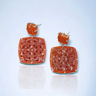 ORANGE ONYX Gemstone Earring : 69.40cts Natural Cushion Shape With 925 Sterling Silver Hand Carved Prong Set Push Back Earring 1.60