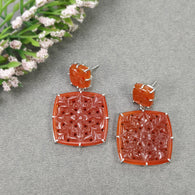 ORANGE ONYX Gemstone Earring : 69.40cts Natural Cushion Shape With 925 Sterling Silver Hand Carved Prong Set Push Back Earring 1.60
