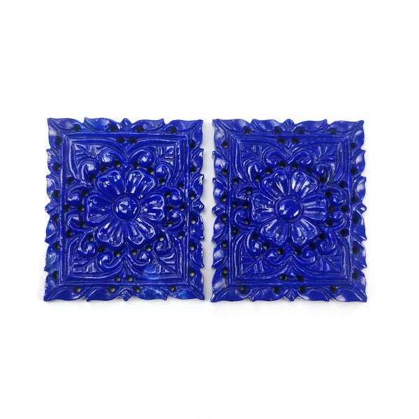 LAPIS LAZULI Gemstone Carving : 99.05cts Natural Untreated Blue Lapis Hand Carved Rectangle Shape 36*30.5mm Pair