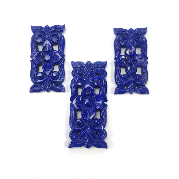 LAPIS LAZULI Gemstone Carving : 63.55cts Natural Untreated Blue Lapis Hand Carved Rectangle Shape 31.5*16mm - 39*17mm 3pcs