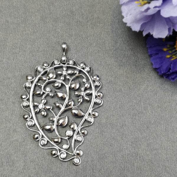 925 Sterling Silver With Cubic Zirconia Pendant : 10.67gms Fashion Jewellry Single Side Floral Leaf Pendant 2.5" Gift For Her