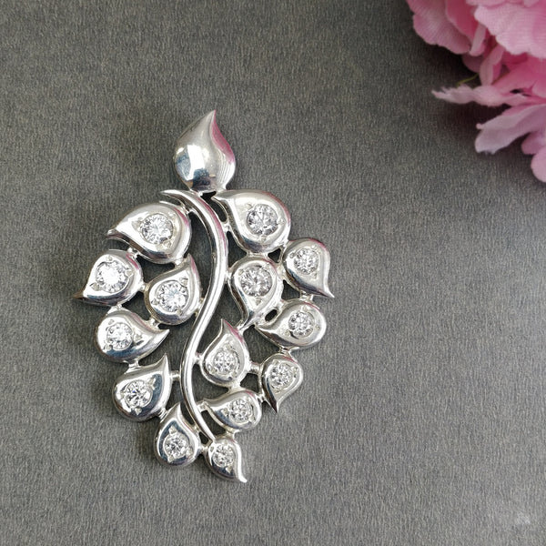 925 Sterling Silver With Cubic Zirconia Pendant : 21.40gms Fashion Jewellry Peacock Leaf Pendant 2.5" Gift For Her