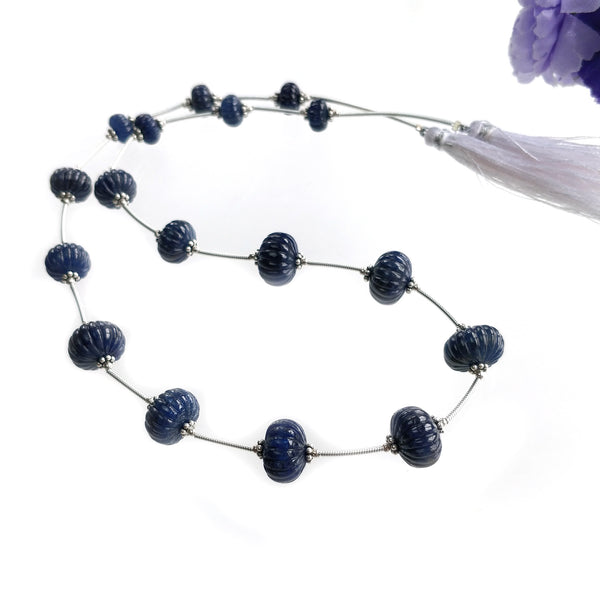 BLUE SAPPHIRE Gemstone Carving Loose Beads: 151.00cts Natural Untreated Sapphire Round Shape Hand Carved Melon Beads 8mm - 12mm For Necklace