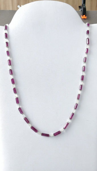 Raspberry Sapphire & Rainbow Moonstone Gemstone Fancy Cut NECKLACE: 93.30gms Natural Untreated Pencil 925 Sterling Silver 5mm - 12mm 18.25"
